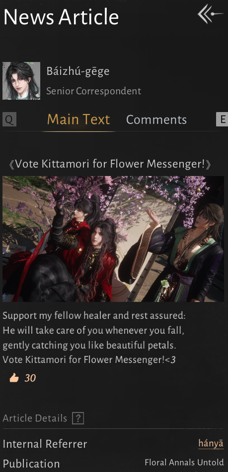 Vote Kittamori for Flower Messenger article